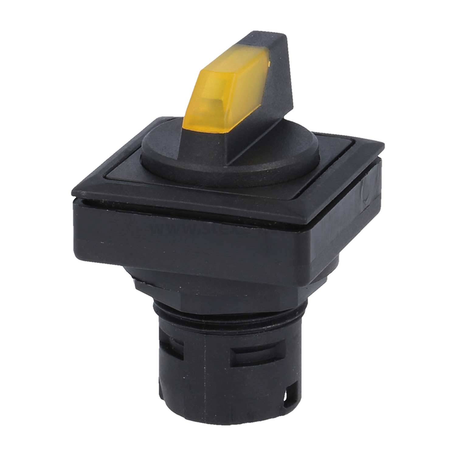 Ein schwarzer Kippschalter mit einem gelben Hebel in der 'Ein'-Position, zum Einbau auf einer Schalttafel ausgelegt.