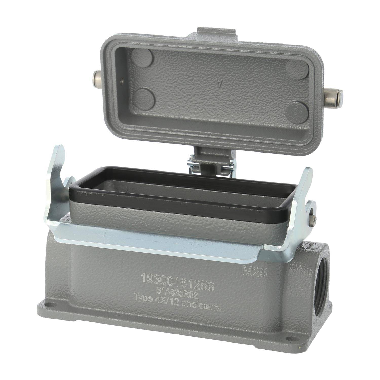 Ein rechteckiges Metallgehäuse für elektrische Komponenten mit einem offenen Deckel, der ein Innenkompartiment freilegt. Die Beschriftung lautet 