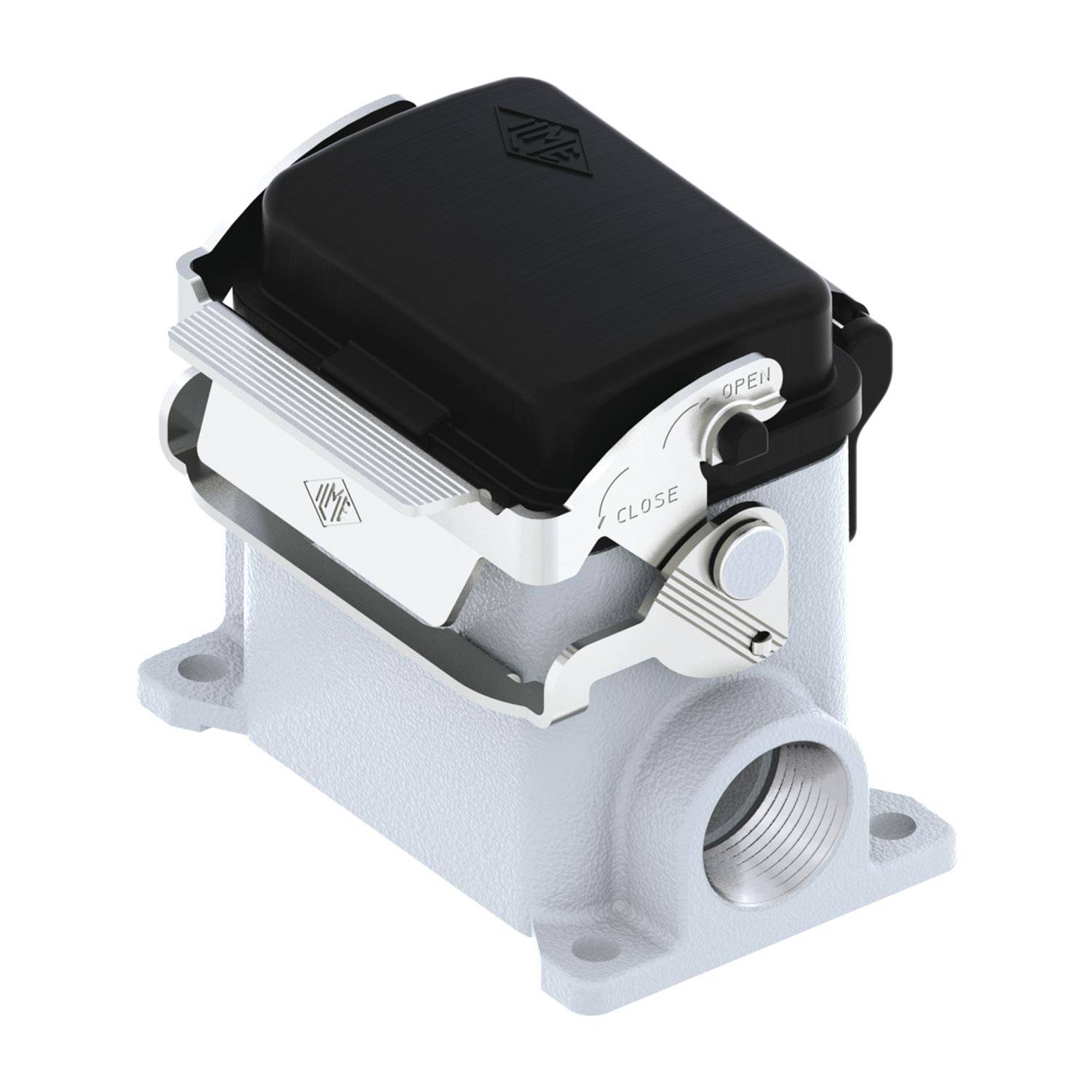 Elektrischer Anschlussgehäusestecker mit einem schwarzen Deckel und einem Metallverschluss, gekennzeichnet mit 'schließen' und 'öffnen', montiert auf einer Basis mit einer zylindrischen Öffnung.