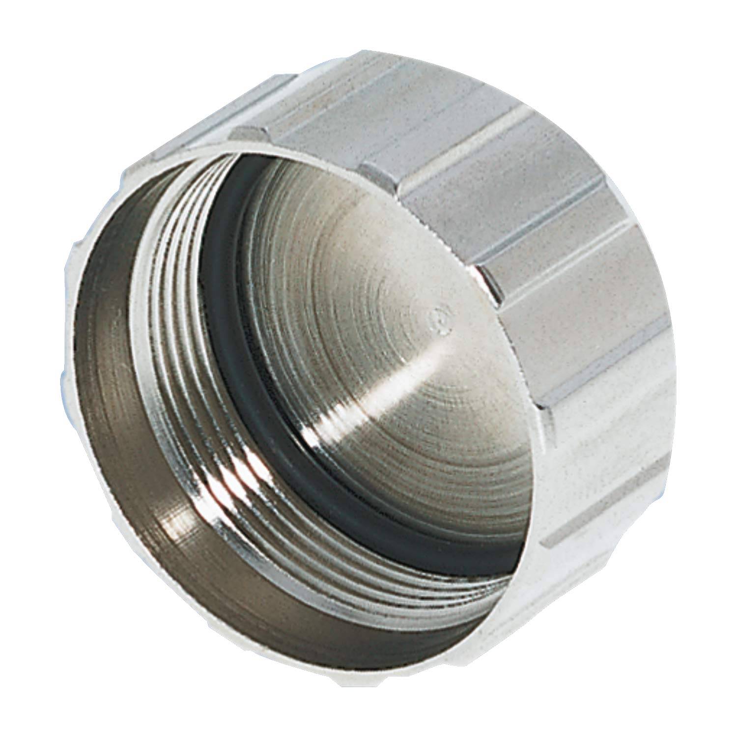 Eine Nahaufnahme eines Metalldeckels mit Innengewinde und einer Gummidichtung, der zum Abdichten oder Verschließen von Gewindepipes oder Anschlüssen verwendet wird.