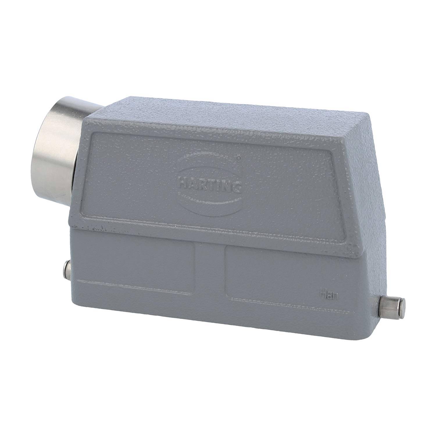 Ein grau-industrielles Anschlussgehäuse mit Schutzabdeckung und geprägtem Logo. Geeignet zur Sicherung elektrischer Verbindungen.