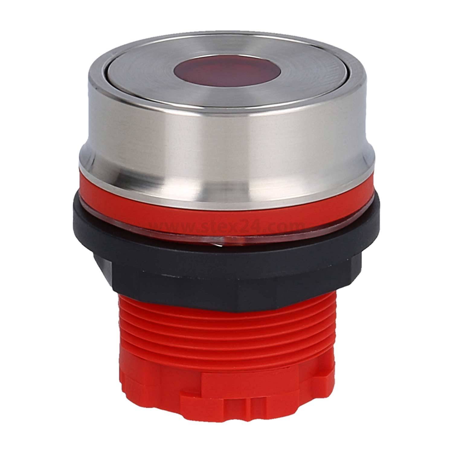 Ein runder, roter industrieller Knopf mit metallischer Oberfläche und schwarzer Basis, der häufig in Maschinen oder Ausrüstungen für Steuerungsfunktionen verwendet wird.