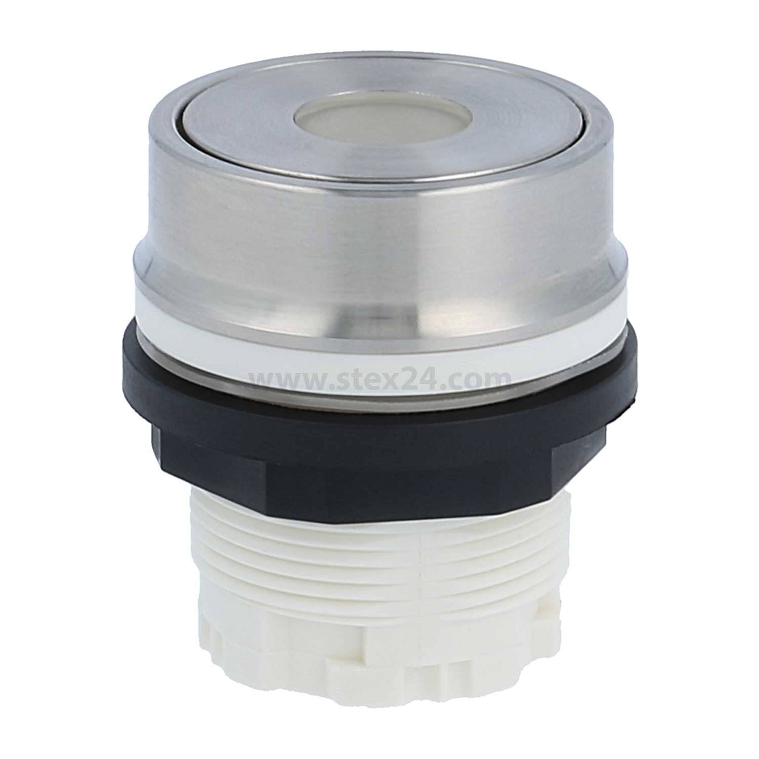 Eine Nahaufnahme eines Edelstahl-Druckknopfschalters mit schwarzer und weißer Gehäuseverkleidung, der für industrielle oder elektronische Anwendungen verwendet wird.