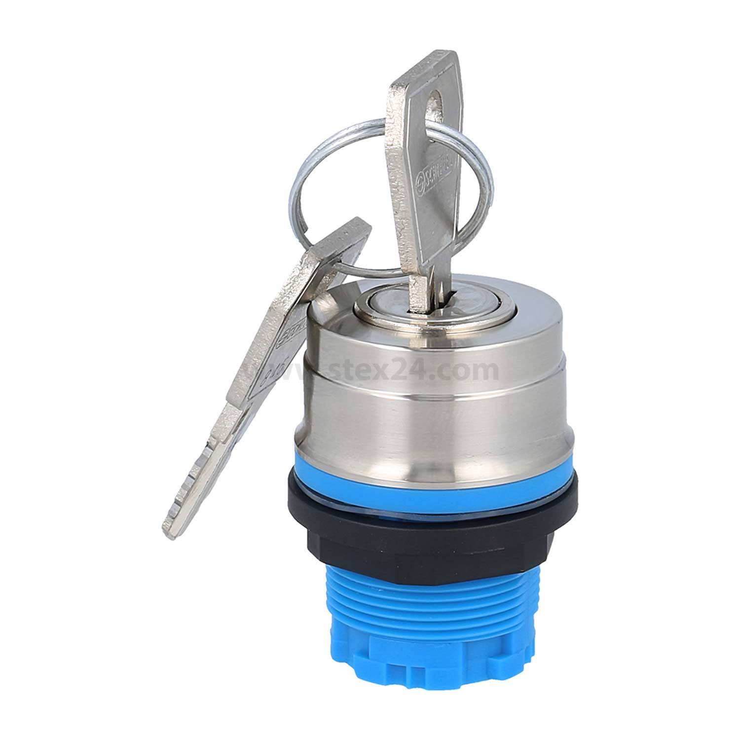 Schließzylinder mit zwei eingesteckten Schlüsseln. Der Zylinder ist silber mit blauer Basis, entwickelt für sichere Befestigung in Geräten oder Paneelen.