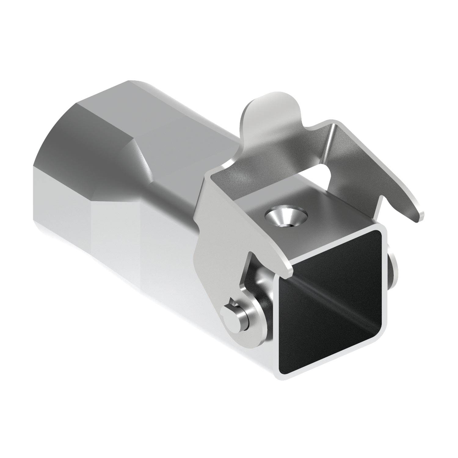 Ein metallischer L-förmiger Verbindungsanschluss mit einem hohlen quadratischen Rohr und zwei Bolzen, konzipiert für strukturelle Montage oder Bauanwendungen.