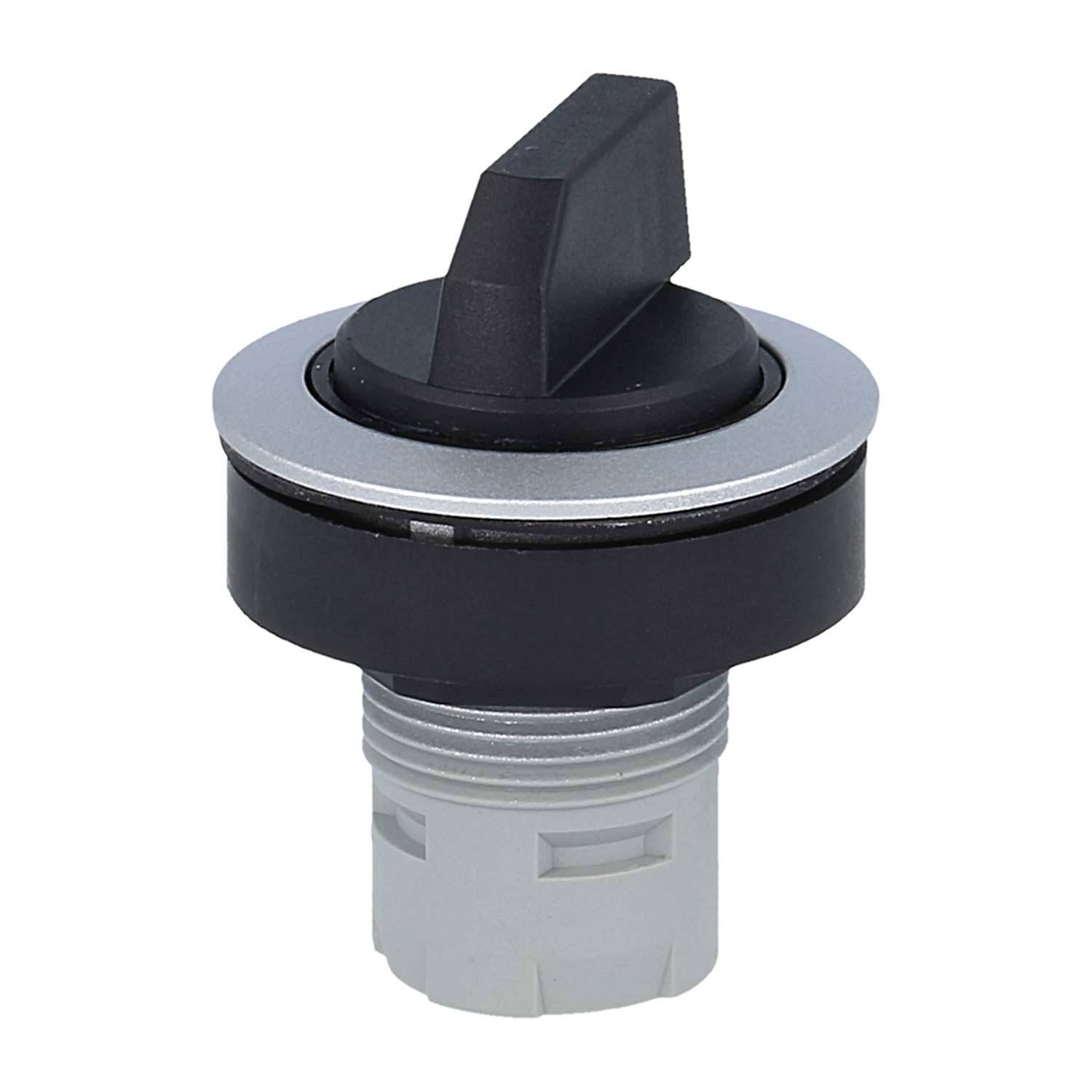 Ein schwarzer und silberner Drehschalter mit einer zylindrischen grauen Basis, der zur Steuerung elektrischer Schaltkreise verwendet wird.