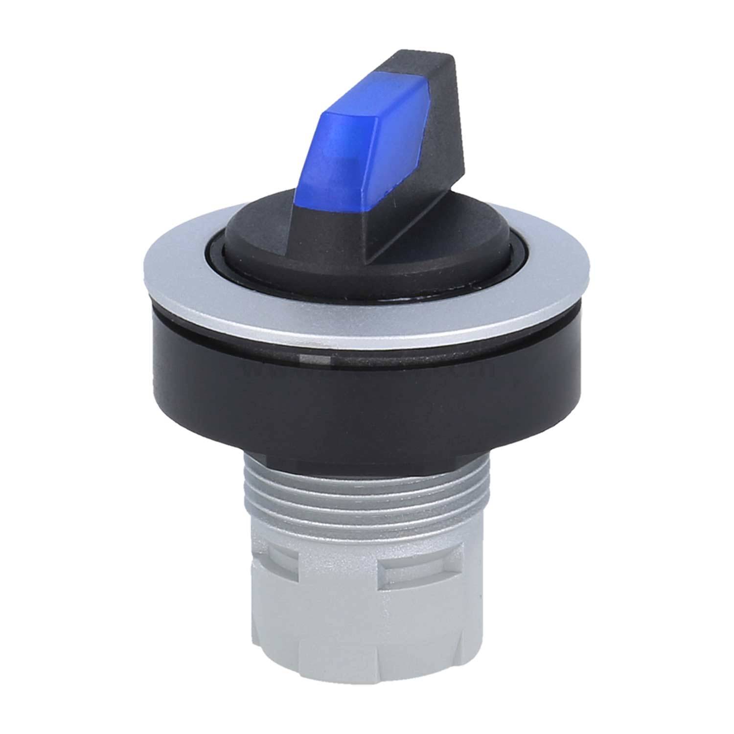Ein schwarzer Drehschalter mit einem blauen Hebel, entwickelt für Bedienungspanels, ausgestattet mit einem runden silbernen Blende und einer grauen Gewindehalterung zum Befestigen.
