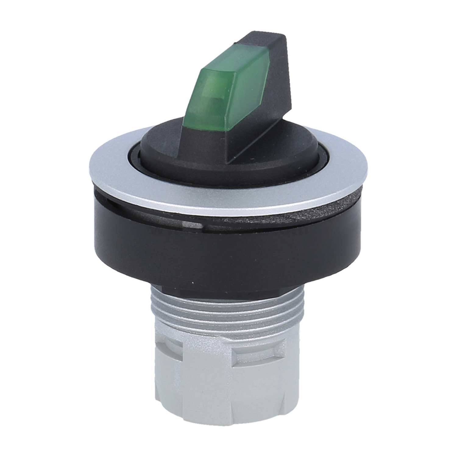 Ein schwarz-silberner Wahlschalter mit einem grünen Pfeil, der eine Richtung anzeigt und zum Steuern elektronischer Geräte verwendet wird.