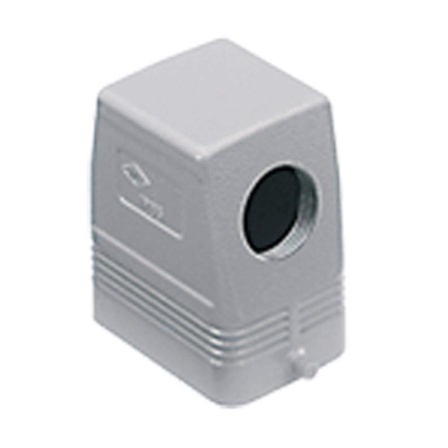 Ein metallisches, rechteckiges Objekt mit einer kreisförmigen Öffnung an einer Seite, versehen mit Rillen und einem geprägten Logo. Höchstwahrscheinlich ein Schutzgehäuse.