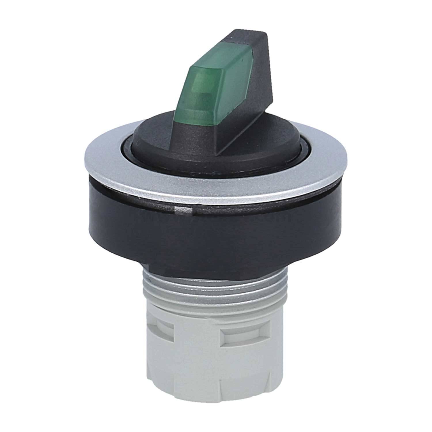 Ein schwarz-silberner Drehschalter mit einer grünen Anzeige oben, für die Montage auf einer Frontplatte konzipiert.
