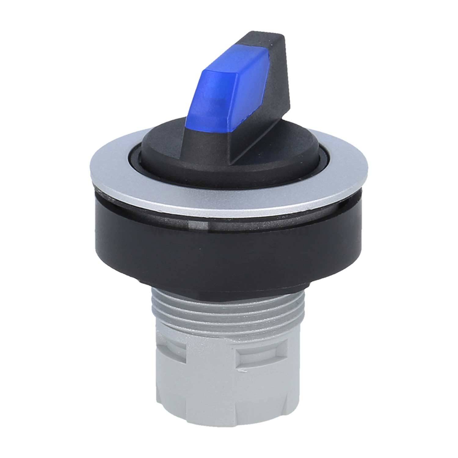 Ein schwarzer und silberner Drehgeber mit einem blauen Knopf, konzipiert für elektronische Geräte. Die Basis verfügt über einen Gewindeanschluss für die Installation.