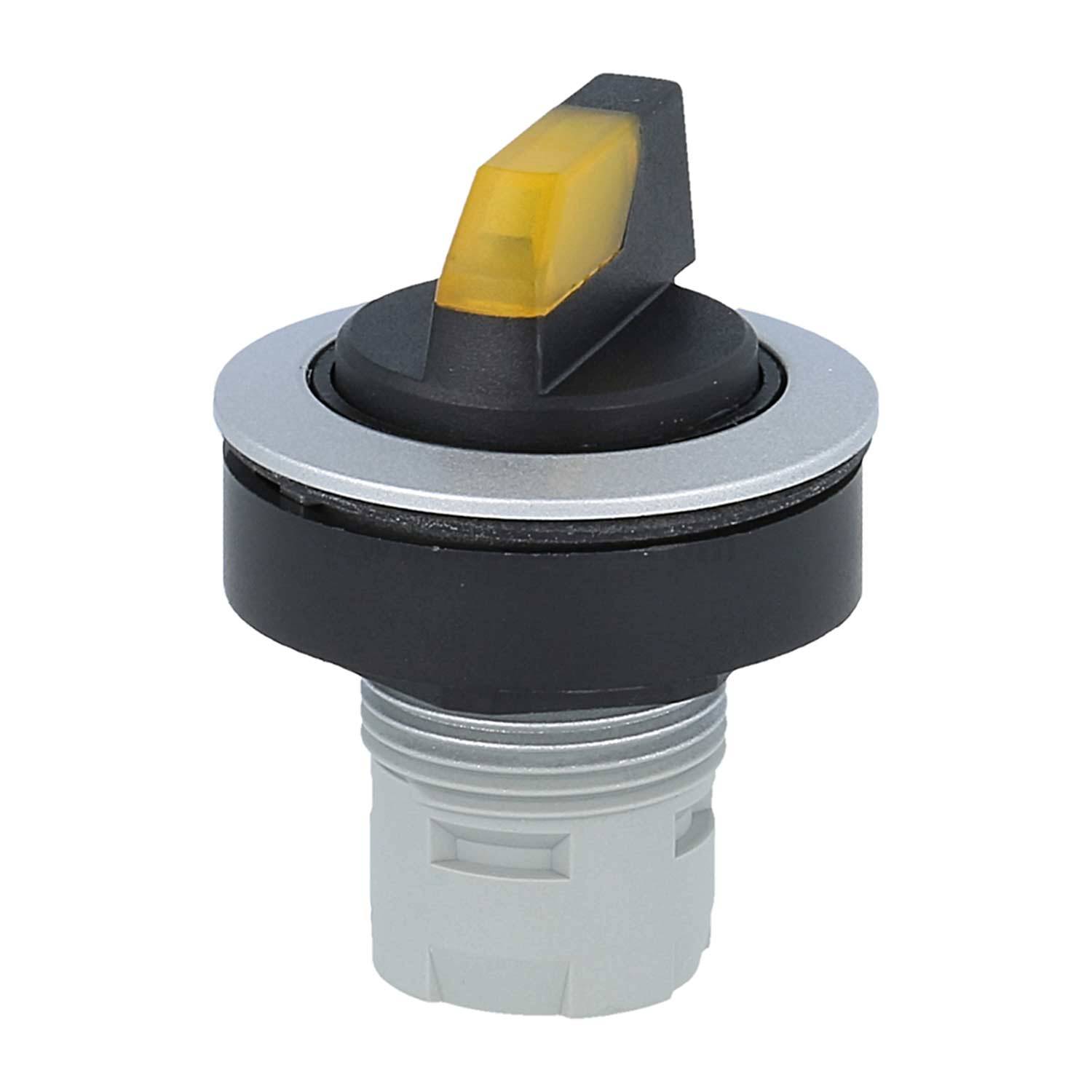 „Ein elektrischer Wahlschalter mit grauer Grundplatte, schwarzem Drehdrehknopf und gelber Anzeige, der typischerweise zur Steuerung von Maschinenabläufen verwendet wird.