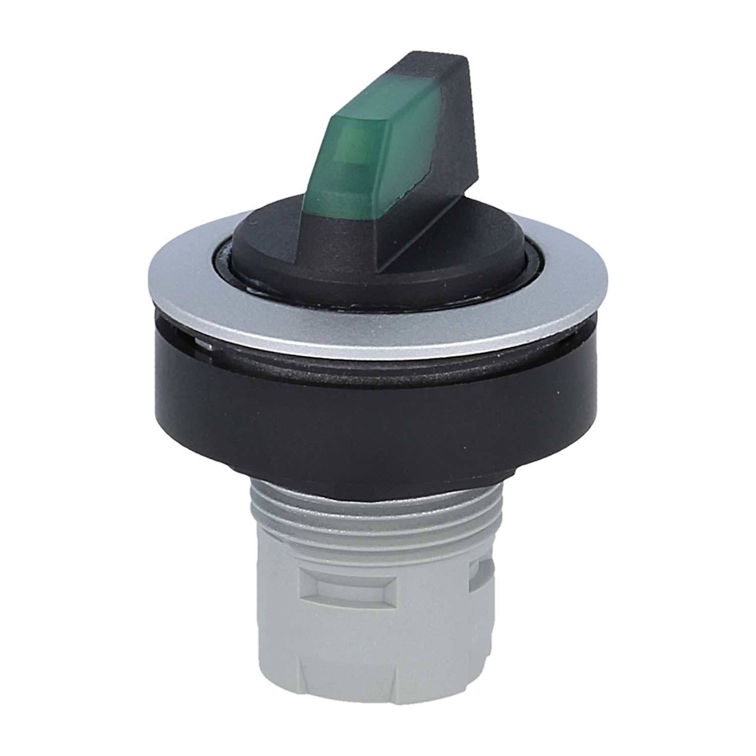 Bild eines schwarzen und silbernen Elektrische Schalters mit einem grünen abgewinkelten Hebel, montiert auf einer weißen Basis, freigestellt vor einem weißen Hintergrund.