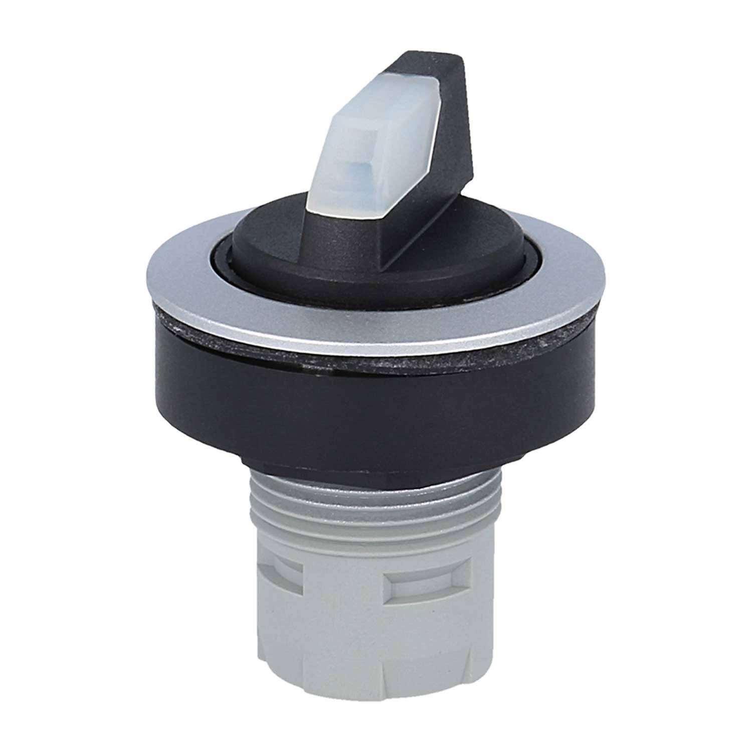 Schwarzer Drehschalter mit einem weißen Kippschalter auf einer grauen Gewindebasis, verwendet zur Steuerung elektrischer Geräte.