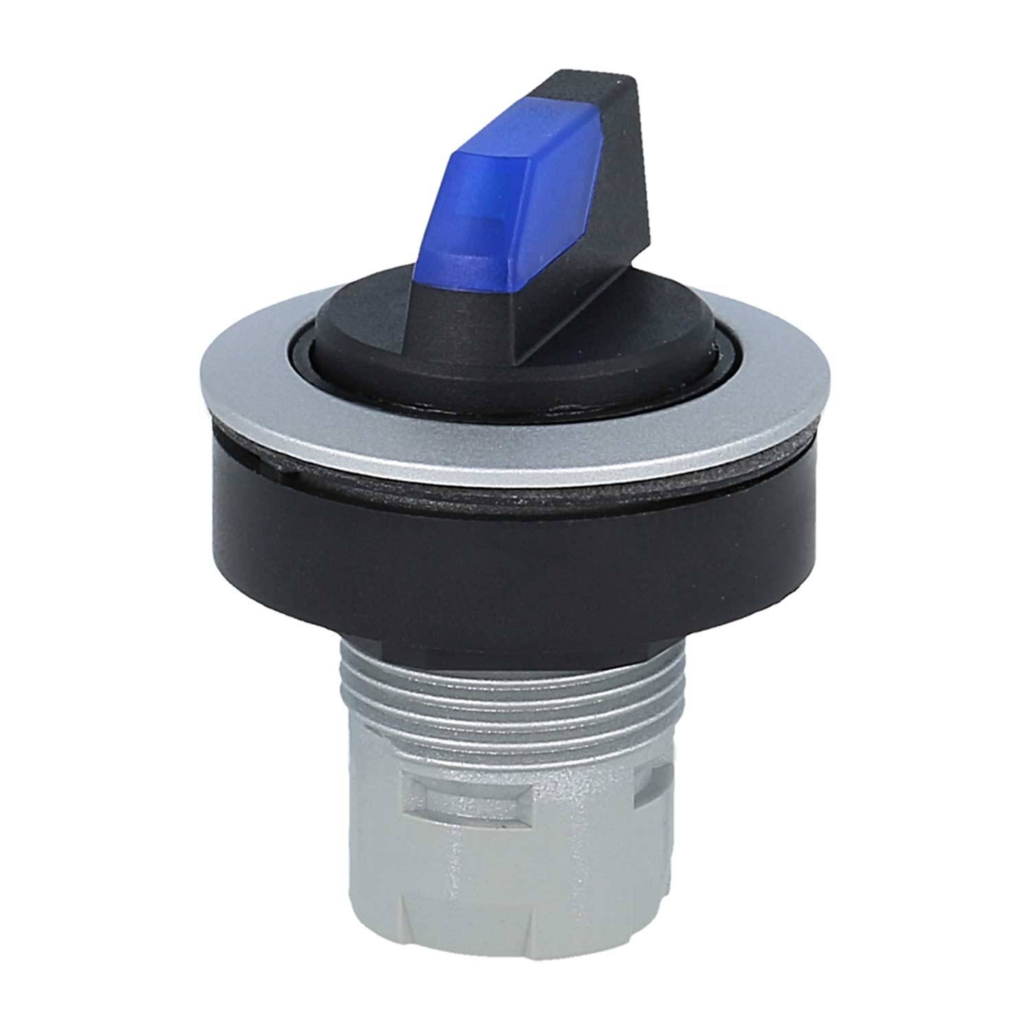 Ein Drehschalter mit einem schwarz-blauen Kipphebel, montiert auf einer silber-schwarzen Kreisbasis, der typischerweise in elektronischen Geräten verwendet wird.