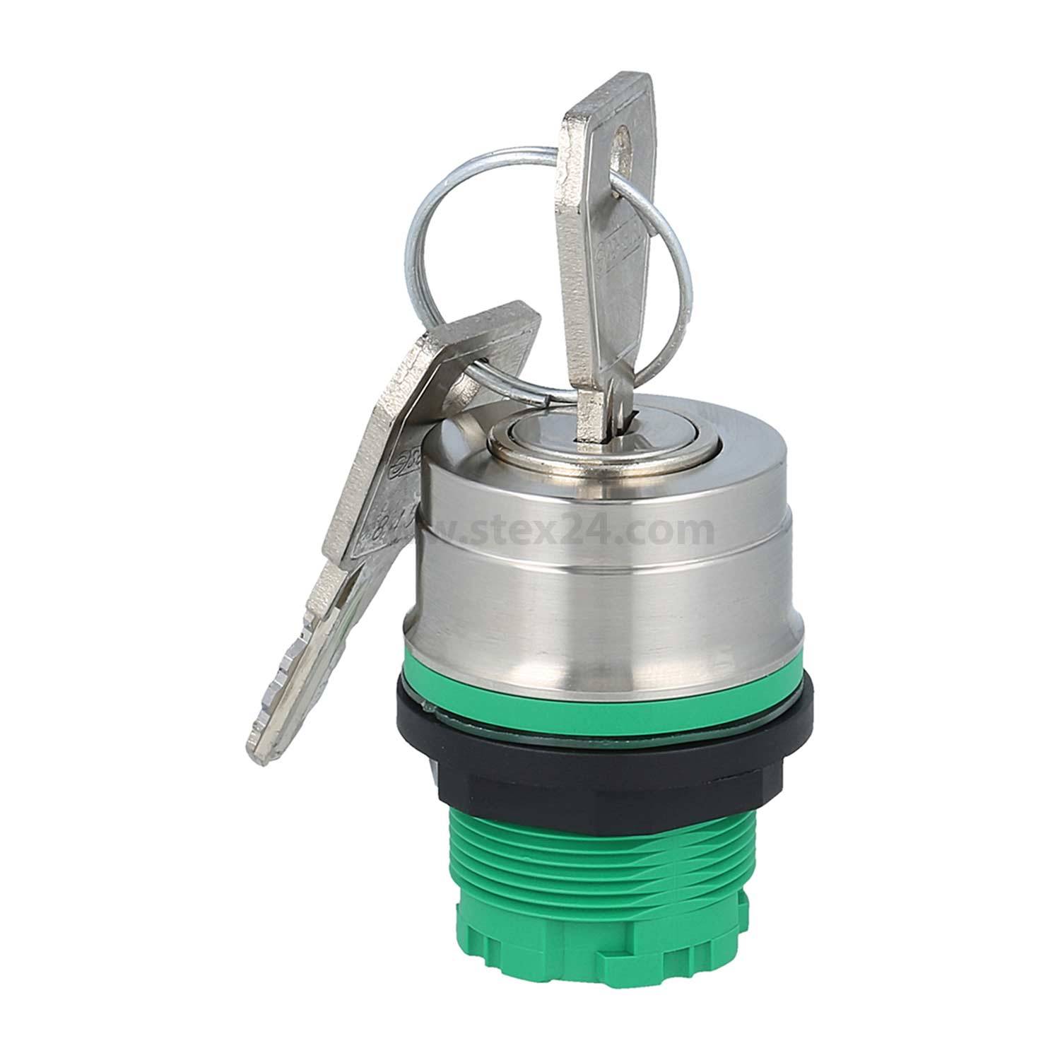 Ein grüner und silberner Schließzylinder mit zwei angeschlossenen Schlüsseln, geeignet für eine Steuerungstafel oder industrielle Ausrüstung.