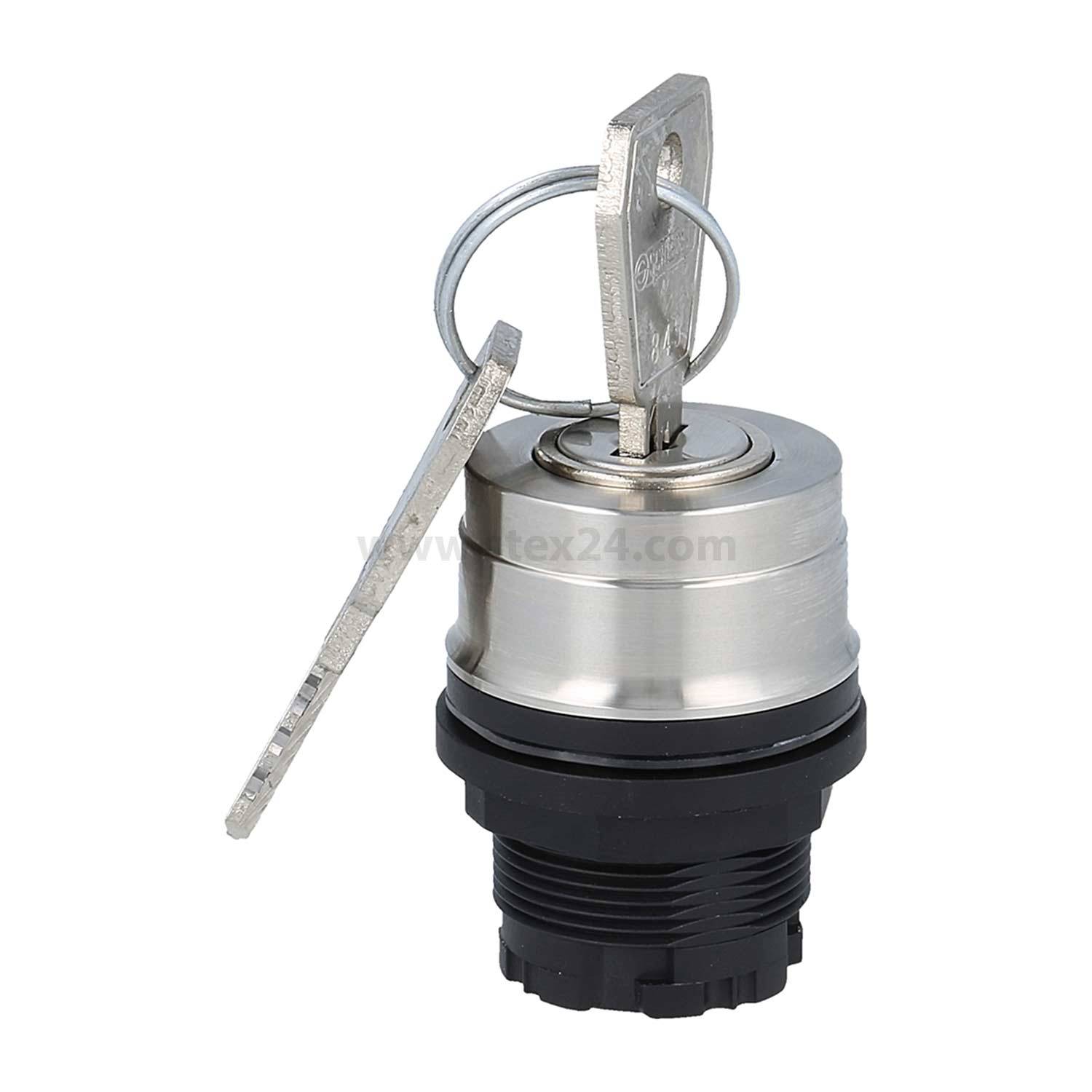 Ein Metallschlüssel, der in einen zylindrischen Schließzylinder eingeführt wird, mit einer schwarzen Basis und einer silbernen Oberseite, was auf einen sicheren Zugangsmechanismus hindeutet.