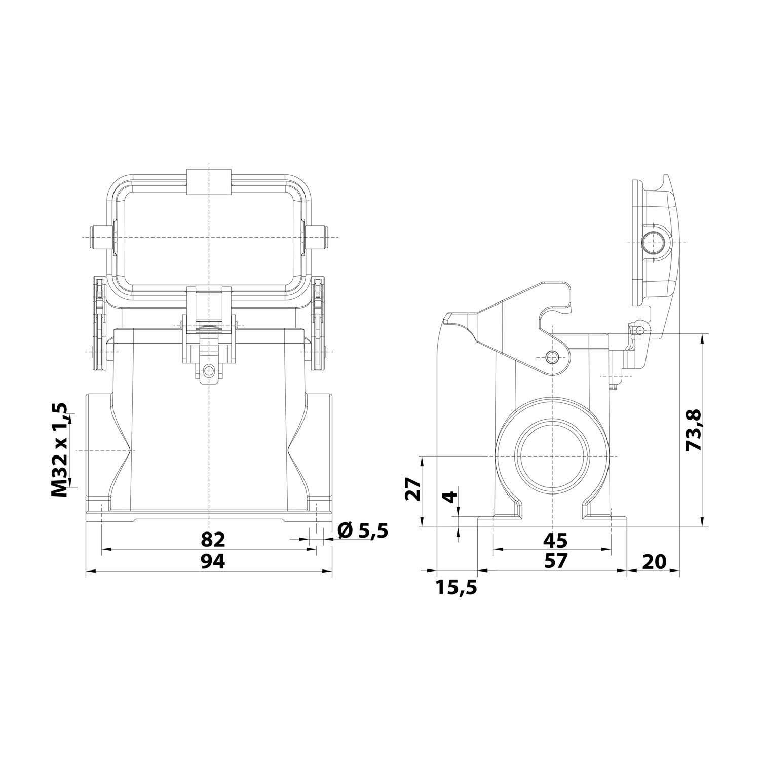 05300102270 HARTING Han 10B Sockelgehäuse hoch, 1xM32 seitlicher Kabelabgang, mit 1 Längsbügel mit Schutzkappe Metall -