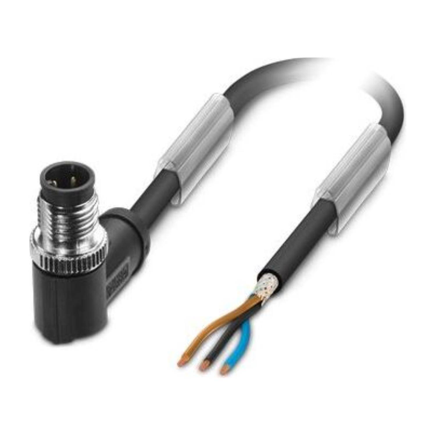 Ein industrielles Kabel mit einem Winkelstecker auf der einen Seite und freigelegten farbigen Adern auf der anderen Seite, verwendet für elektrische Verbindungen.