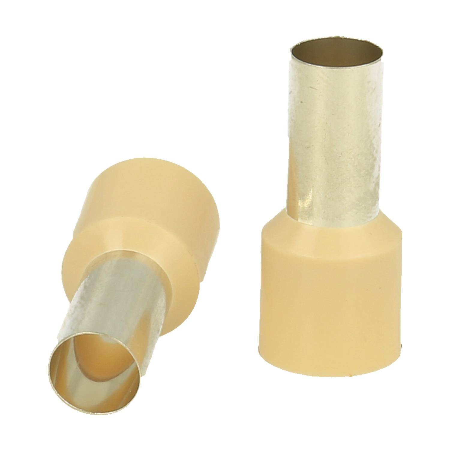 Zwei zylindrische beige Metallgegenstände, einer steht aufrecht und der andere liegt auf der Seite, möglicherweise Verbinder oder Anschlüsse.