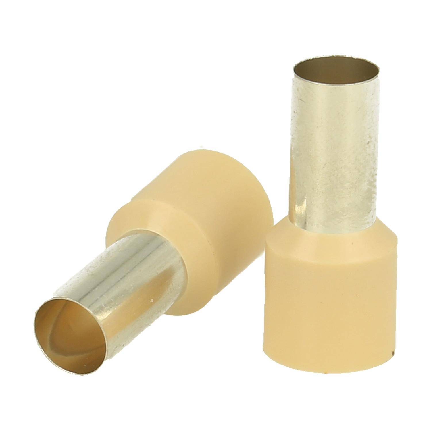Zwei beige zylindrische Objekte mit metallischen Enden, möglicherweise Anschlüsse oder Kappen, präsentiert vor einem schlichten weißen Hintergrund.