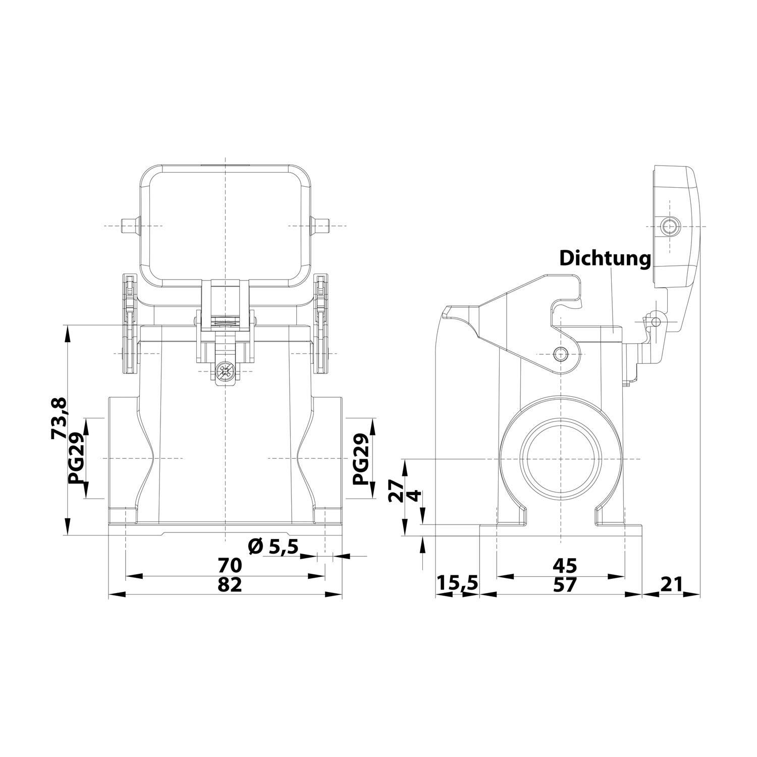 Technische Zeichnung einer mechanischen Komponente mit Maßen und Beschriftungen, die Seiten- und Frontansichten mit Messungen zeigt.