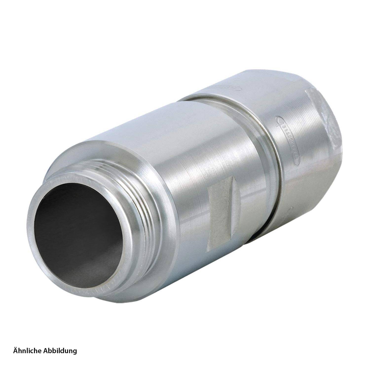 Ein zylindrischer Metallanschluss mit einem Gewinde am Ende und einer glatten Oberfläche, der für industrielle Verbindungen oder sanitäre Installationen konzipiert ist.