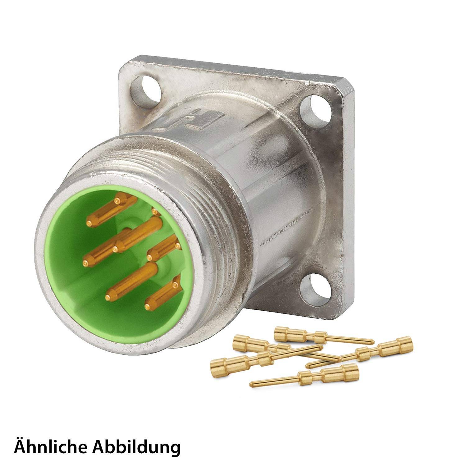 Ein ähnliches Bild, das einen metallischen kreisförmigen Verbinder mit mehreren goldenen Anschlüssen und rechteckiger Montageflansche zeigt. Beinhaltet separate goldene Stifte.