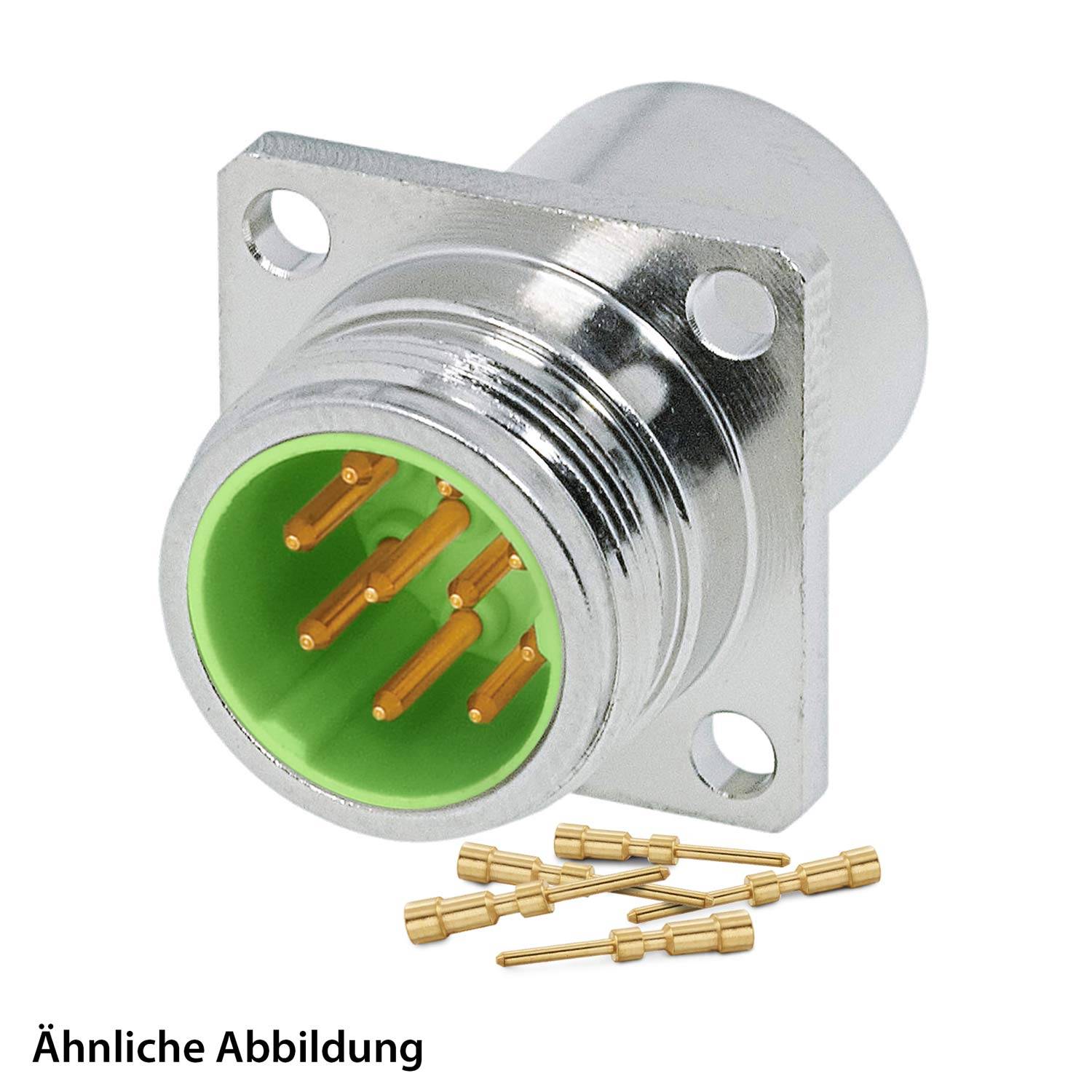 Ein verchromter elektrischer Steckverbinder mit fünf vergoldeten Pins und zugehörigen Kontakten, vor einem einfarbigen Hintergrund dargestellt.