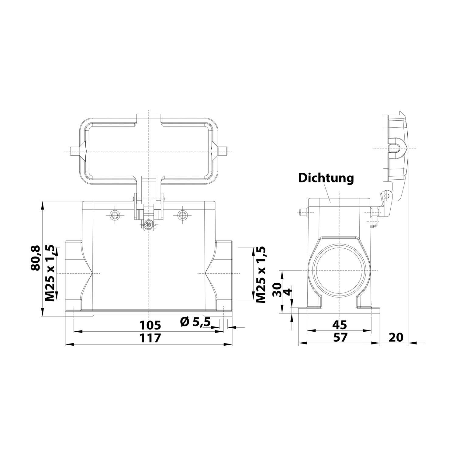 05300160268 HARTING Han 16B Sockelgehäuse hoch, 2xM25 seitlicher Kabelabgang, für 2 Bügel (am Oberteil) mit Schutzkappe