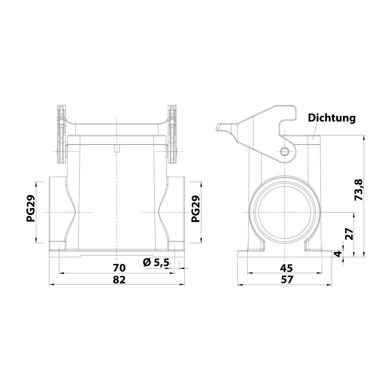 Technische Zeichnung eines mechanischen Bauteils mit in Millimetern beschrifteten Abmessungen. Enthält Abschnitte mit Markierungen 'PG29' und eine Notiz 'Dichtung'.