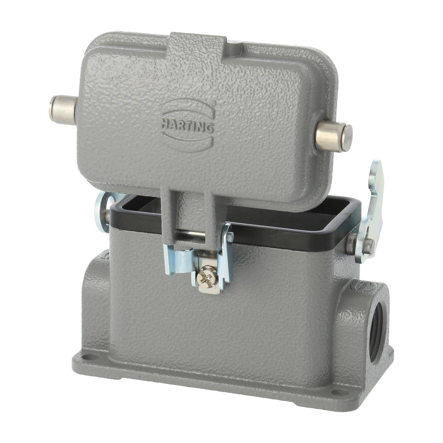 Robustes industrielles Anschlussgehäuse mit Abdeckung, das ein stabiles Design und einen Verriegelungsmechanismus für sichere Verbindungen aufweist.