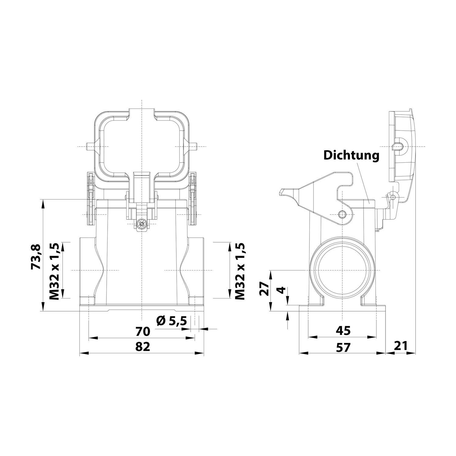 Technische Zeichnung einer zylindrischen Vorrichtung, die Vorder- und Seitenansichten mit Maßangaben und Anmerkungen wie M32x1.5 und Ø5.5 zeigt, mit der Beschriftung Dichtung.