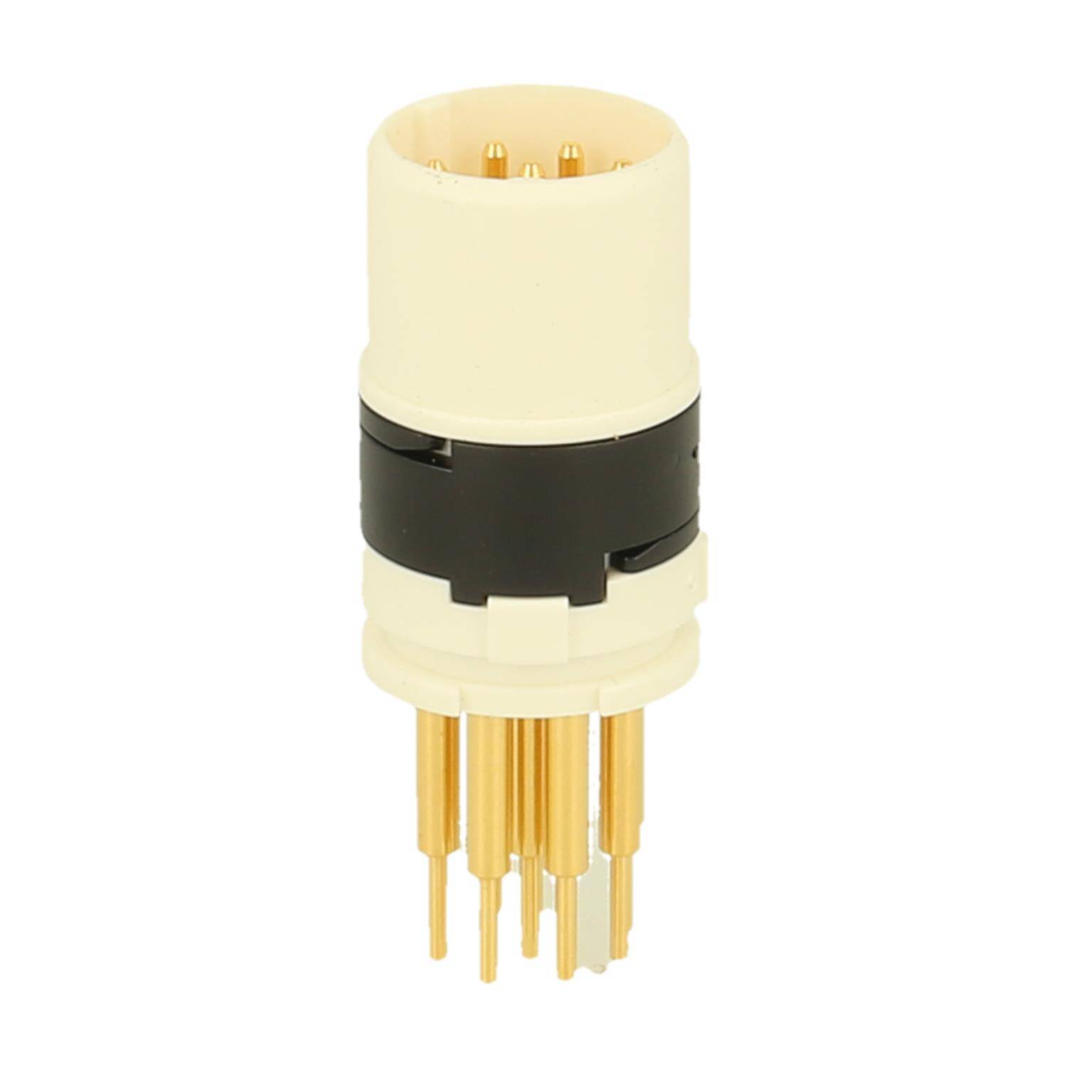 Ein zylindrischer Mehrfach-Steckverbinder mit einem cremefarbenen und schwarzen Gehäuse, der mehrere goldene Stifte zur sicheren elektrischen Verbindung aufweist.