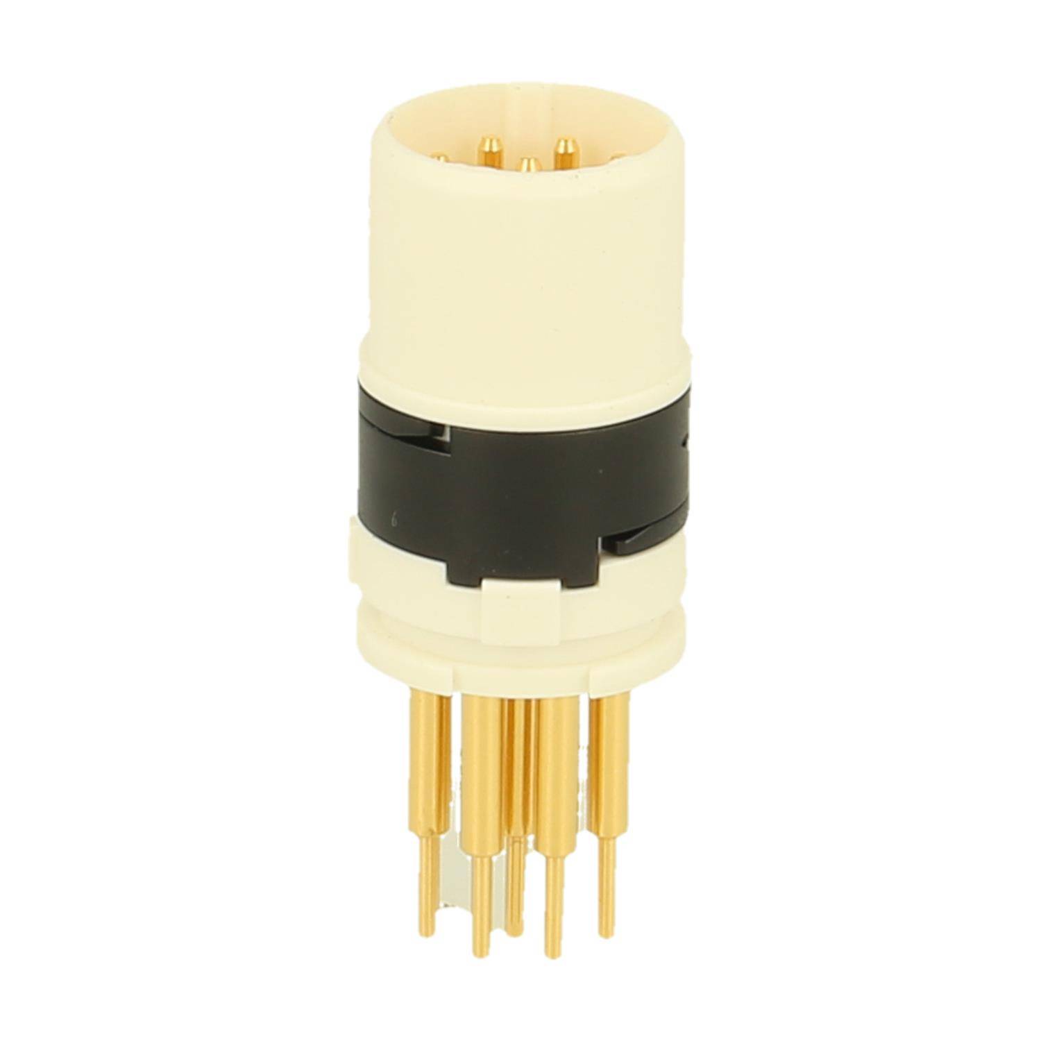 Ansicht eines weißen und schwarzen zylindrischen elektrischen Steckers mit mehreren goldenen Kontaktstiften, die von der Unterseite herausragen.