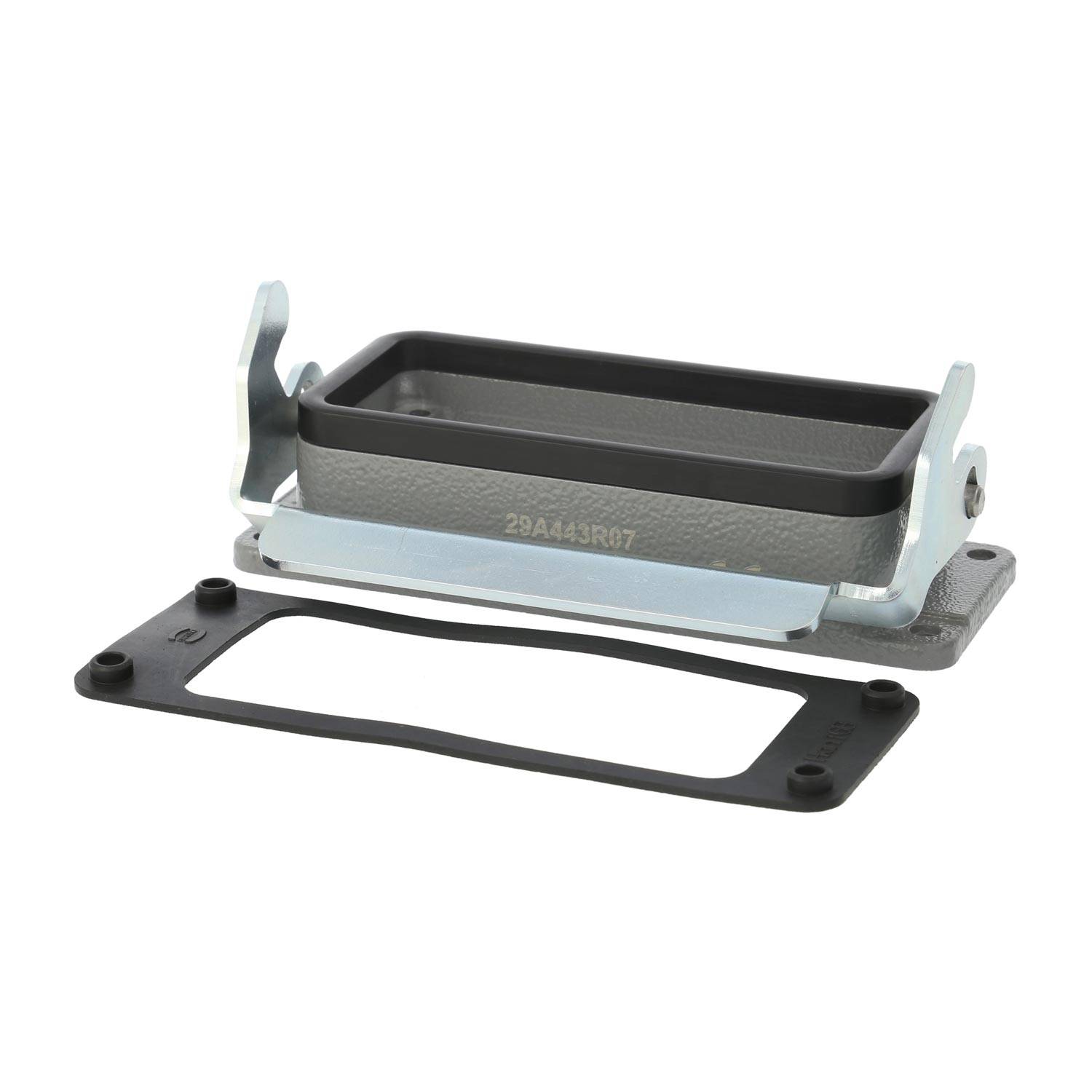 Industrielle mechanische Komponente mit einer rechteckigen Metallbasis und schwarzer Gummidichtung, verwendet für Maschinen- oder Ausrüstungsmontage.