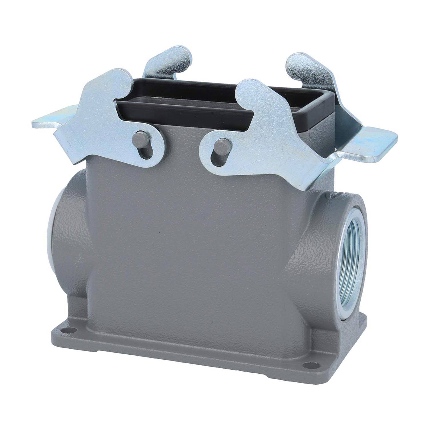 Ein grauer industrieller Anschlussgehäuse mit seitlichen Kabeleinführungen und silbernen Verriegelungshebeln auf der Oberseite.