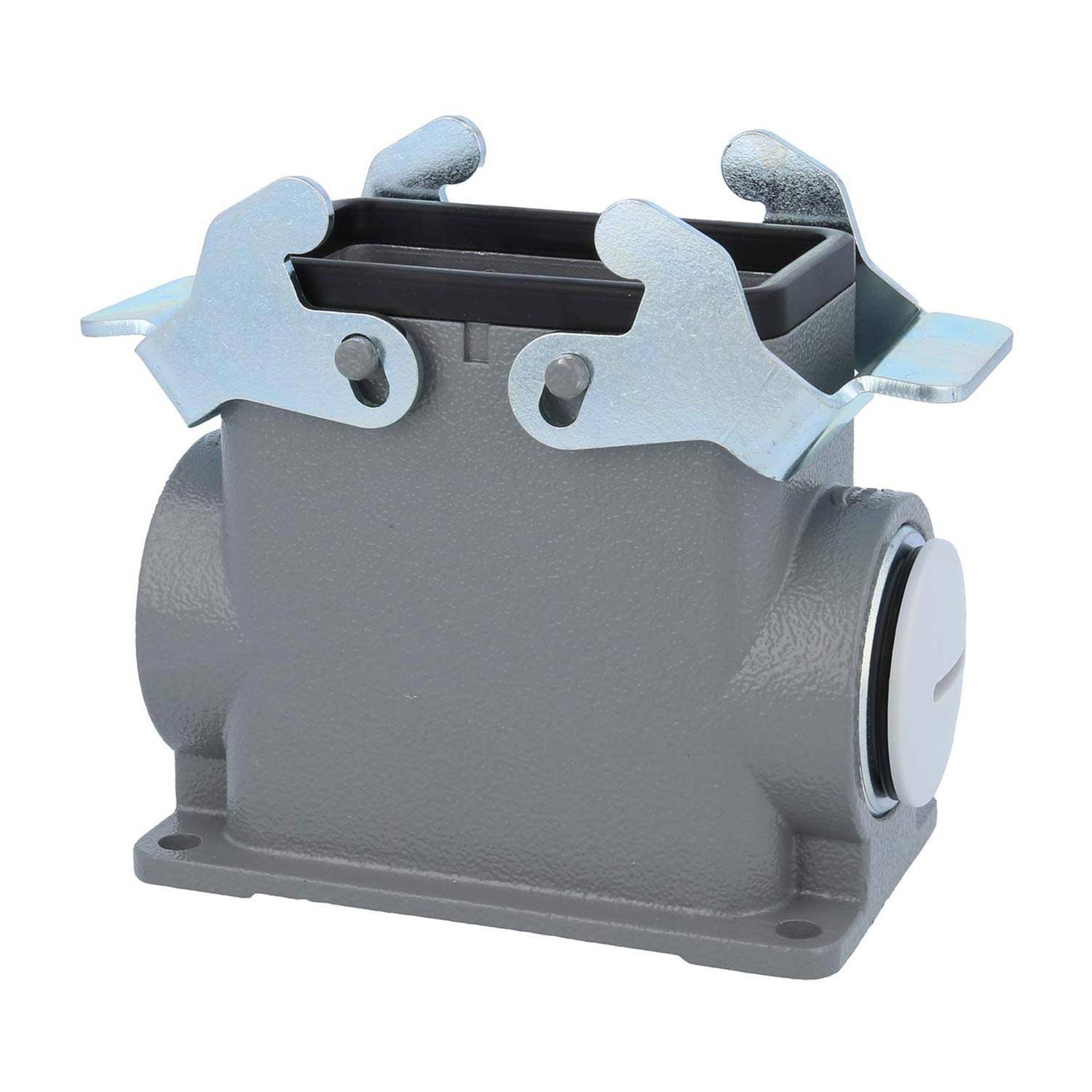 Industrielles Anschlussgehäuse, grau mit Metallverschlüssen, entwickelt zur Sicherung elektrischer Verbindungen in Maschinen- oder Ausrüstungsanlagen.