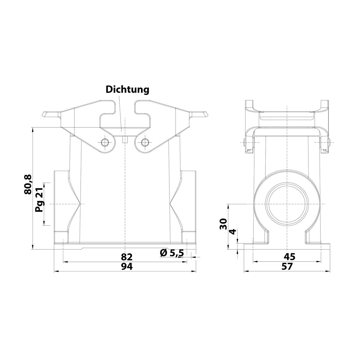 Technische Zeichnung einer Dichtung mit Maßangaben: Höhe 80,8, Breite 94,45, Tiefe 57,4. Zeigt zwei Ansichten mit Abmessungen in Millimetern.