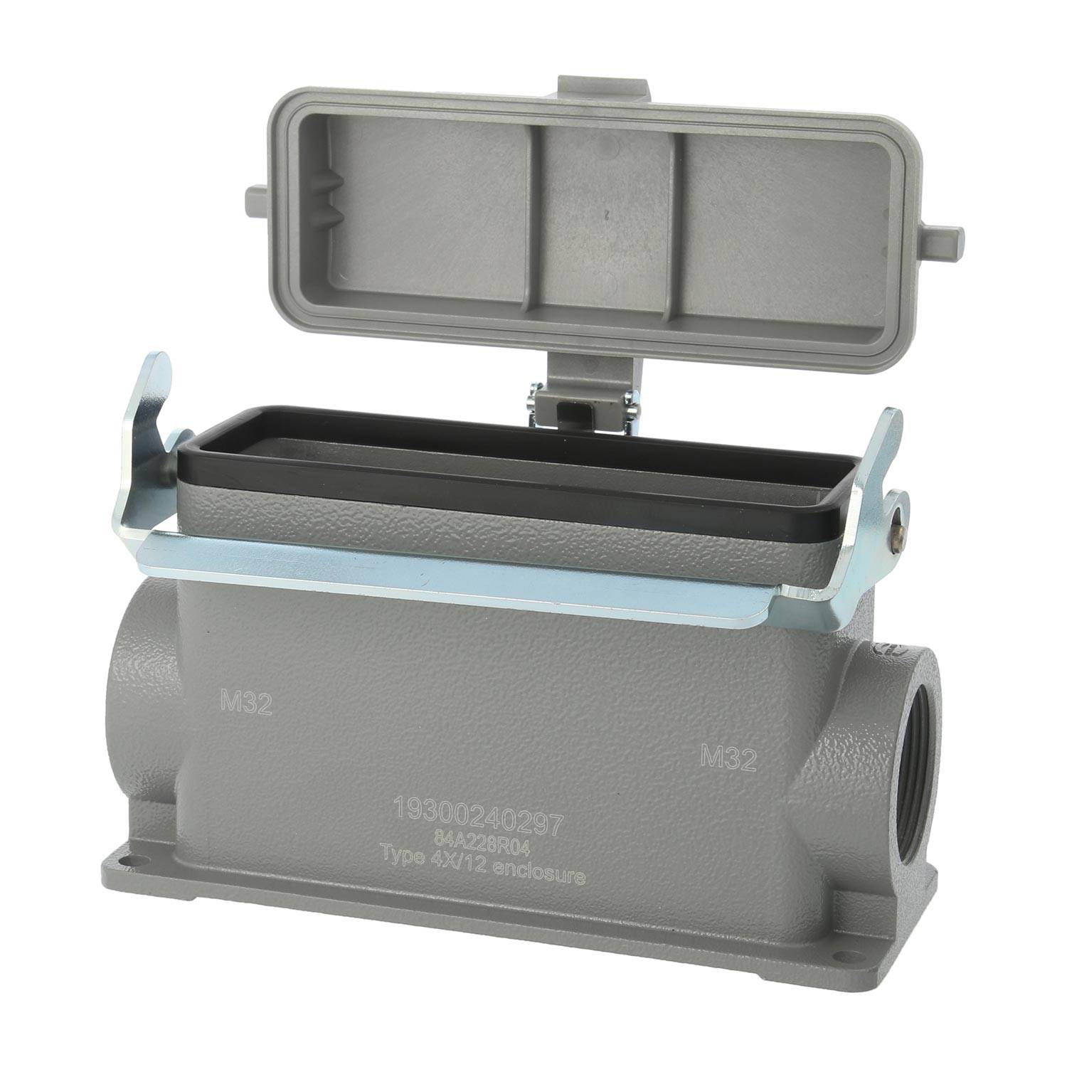 Industrielles elektrisches Anschlussgehäuse mit Klappdeckel, gekennzeichnet als 'Typ 4X/12 Gehäuse'. Geeignet für M32 Kabelverschraubungen.