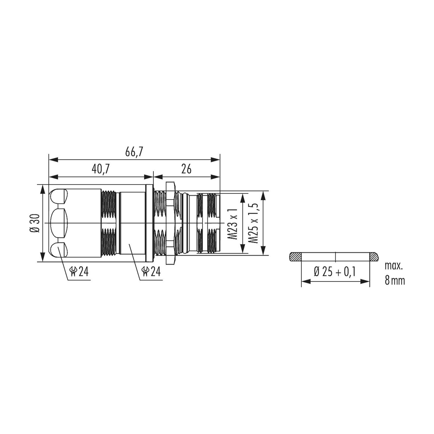Technische Zeichnung einer zylindrischen Komponente; Durchmesser 30 mm, Länge 66,7 mm. Merkmale umfassen M23- und M25 x 1,5-Gewindeanschlüsse.