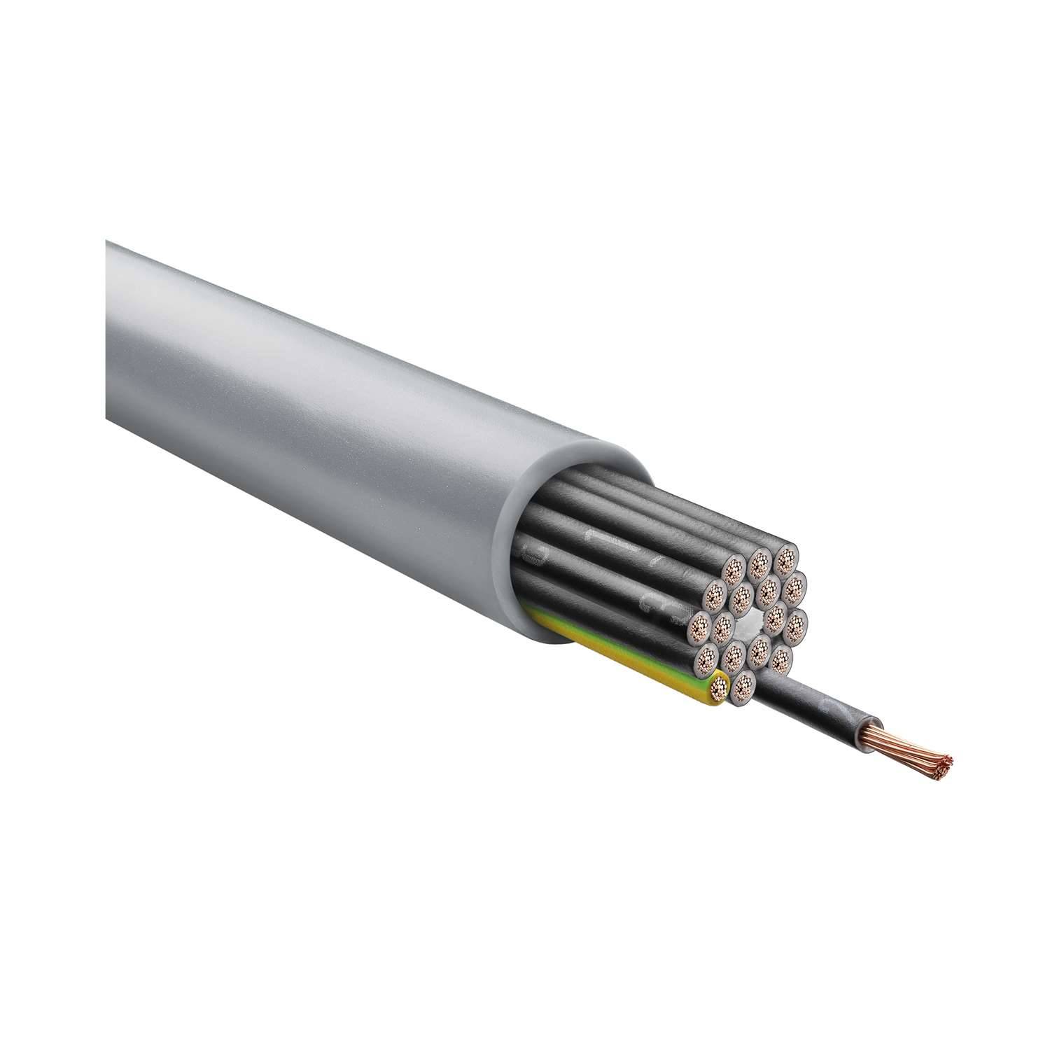 Eine Querschnittsansicht eines mehradrigen Elektrokabels mit einer grauen äußeren Isolierschicht und freiliegenden Kupferdrähten am Ende.