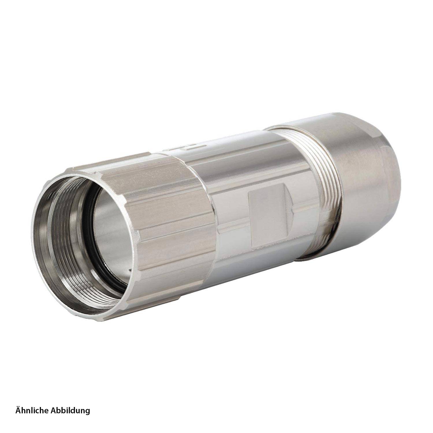 Ein glänzender Metallverbinder oder eine Kupplung, zylindrisch geformt, mit einem Gewindeende und Rillen. Es scheint für industrielle oder mechanische Anwendungen gedacht zu sein.