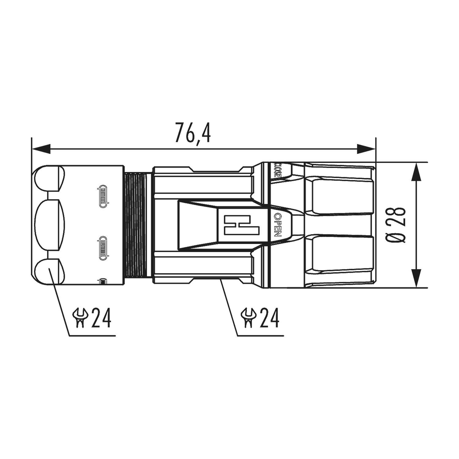Technische Zeichnung eines zylindrischen Bauteils mit folgenden Maßangaben: Länge 76,4 mm, Breite 28 mm und Schlüsselweite von 24 mm an beiden Enden.
