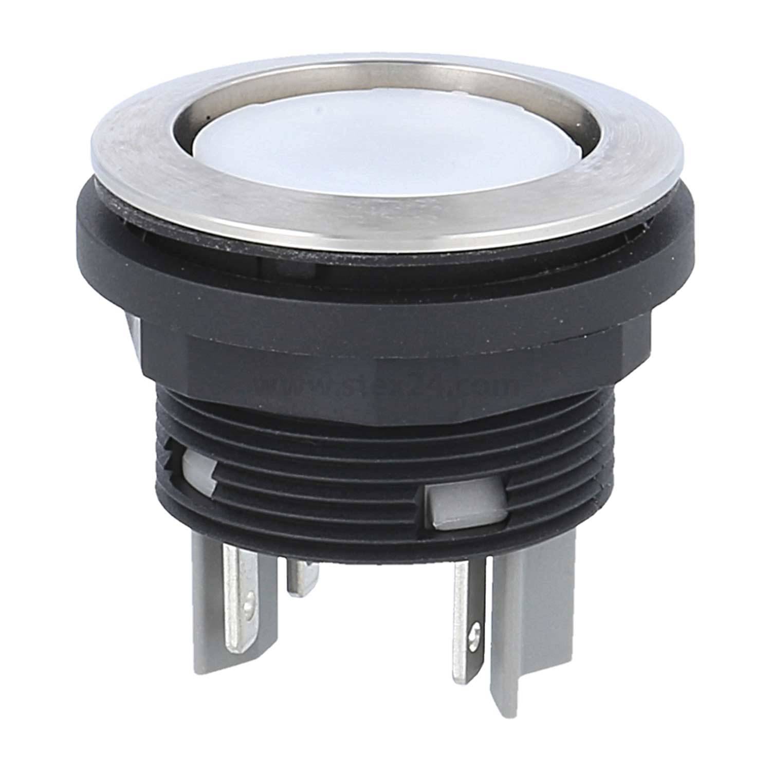 Eine Nahaufnahme eines schwarzen und metallfarbenen Drucktaster-Schalters mit drei Anschlüssen, der in elektrischen Schaltkreisen oder Geräten zur Stromsteuerung verwendet wird.