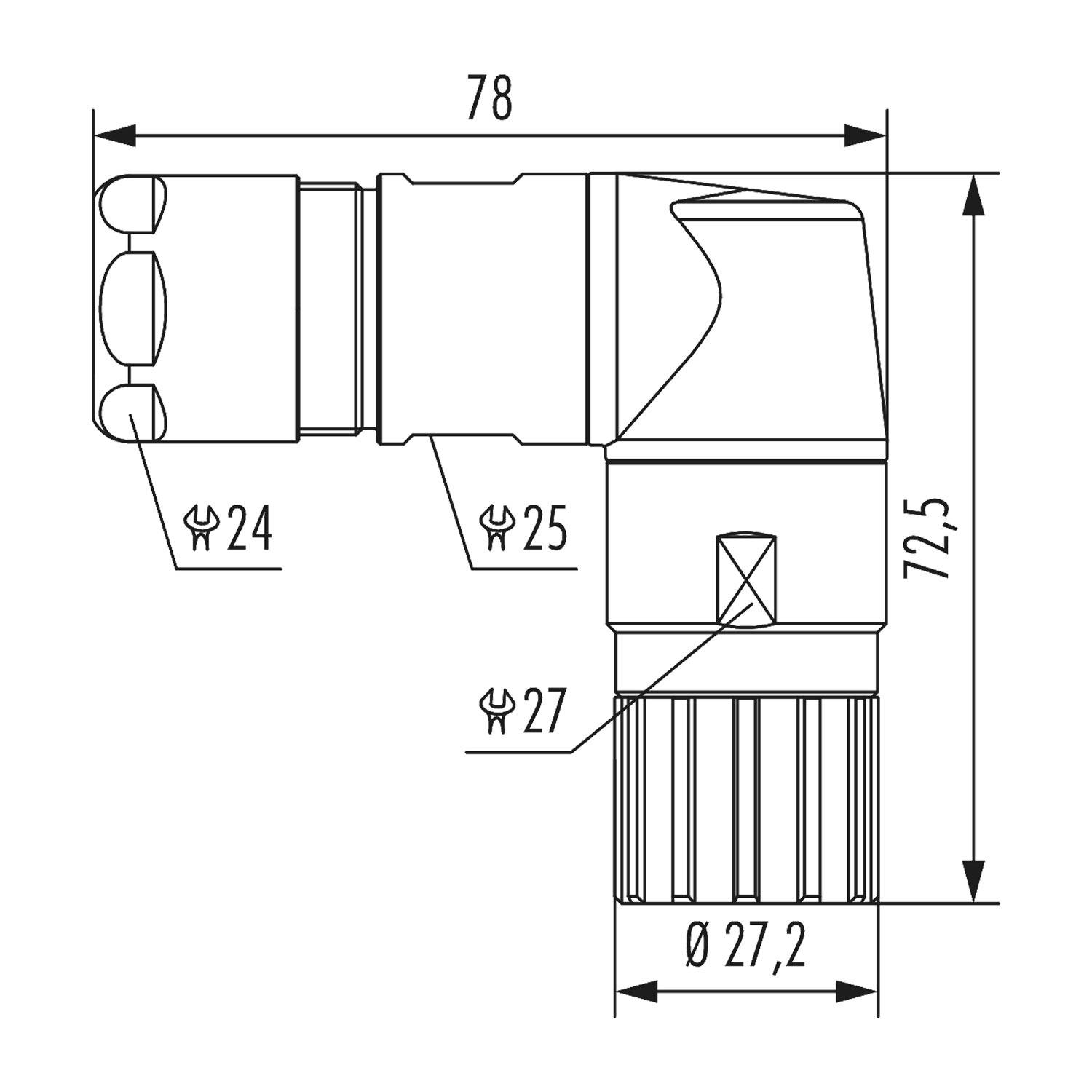 Technische Zeichnung einer zylindrischen Komponente mit Maßangaben; Länge 78 mm, Höhe 72,5 mm, Durchmesser 24 mm, 25 mm, 27,2 mm, Schlüsselweiten 24, 25, 27.