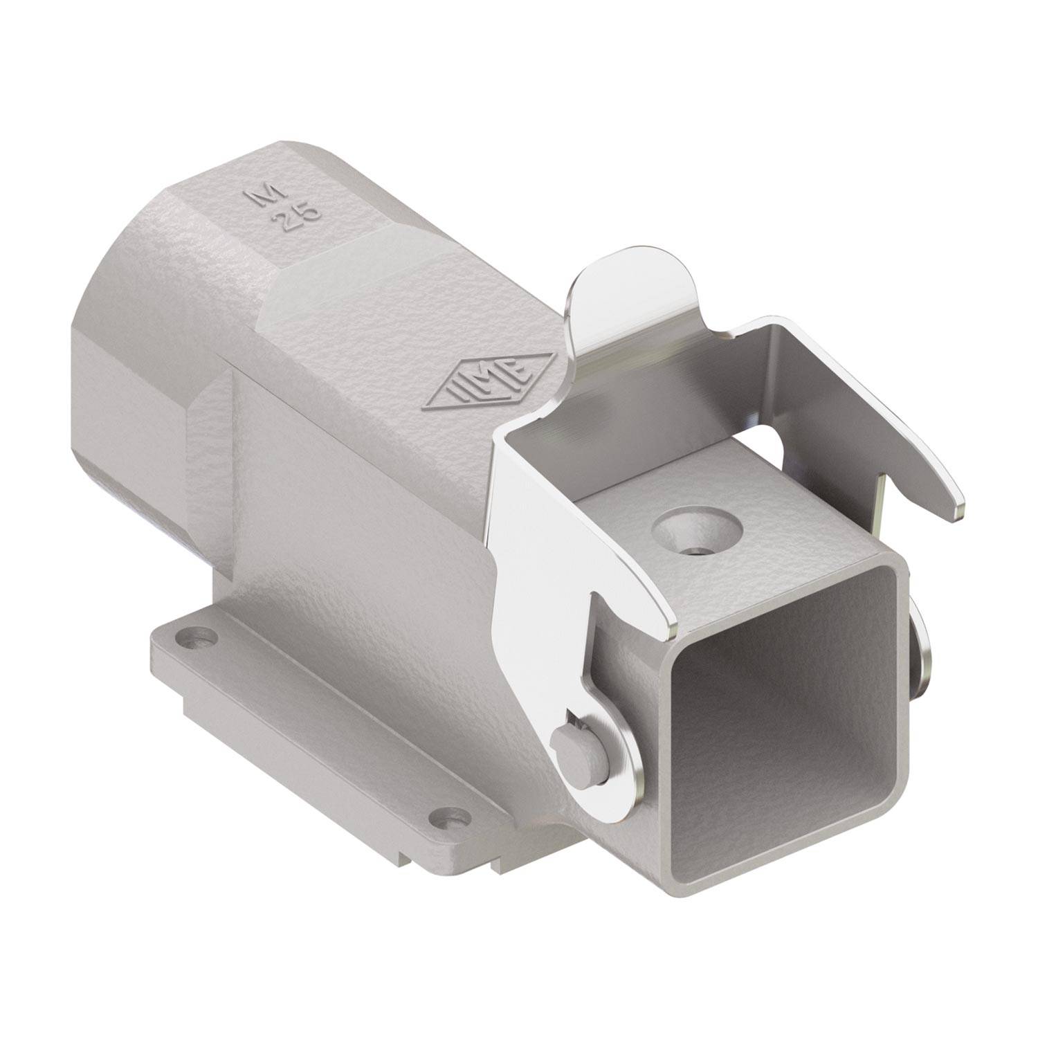 Ein grauer Metall-Industrieverbinder mit quadratischer Öffnung, ausgestattet mit seitlichen Klammern und Bolzenlöchern, der für sichere elektrische Verbindungen verwendet wird.