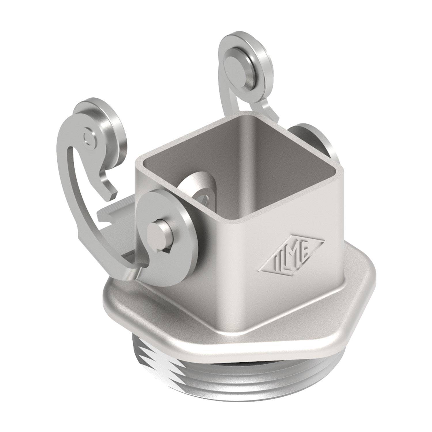 Eine metallische quadratische Buchse mit zwei Gelenkklemmen an beiden Seiten, montiert auf einer Gewindebasis. Die Buchstaben 'IME' sind an ihrer Seite eingeprägt.