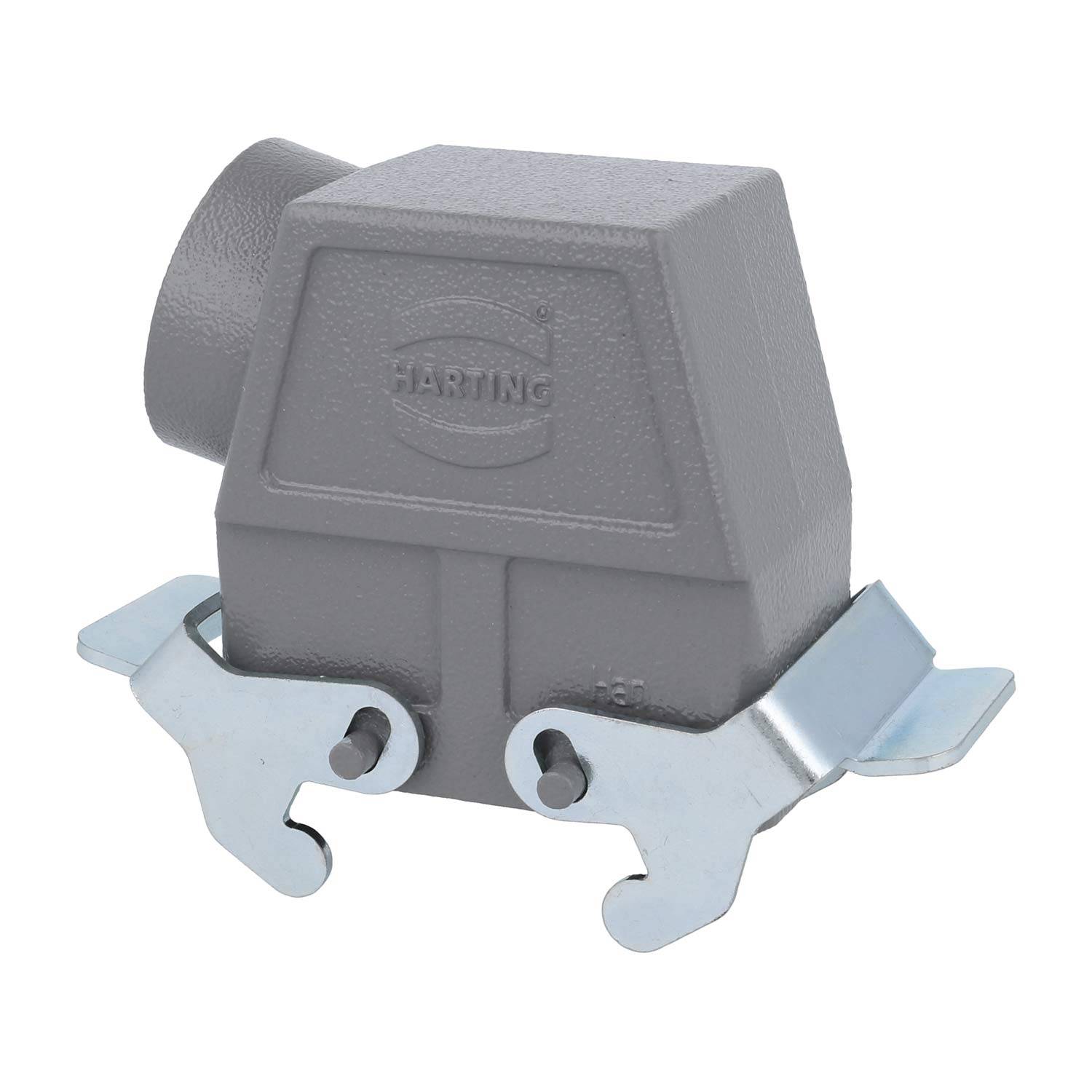 Ein graues industrielles Anschlussgehäuse mit Klemmverriegelungen, abgeschrägter Oberseite und geprägtem 'HARTING' Logo, entwickelt für robuste elektrische Verbindungen.