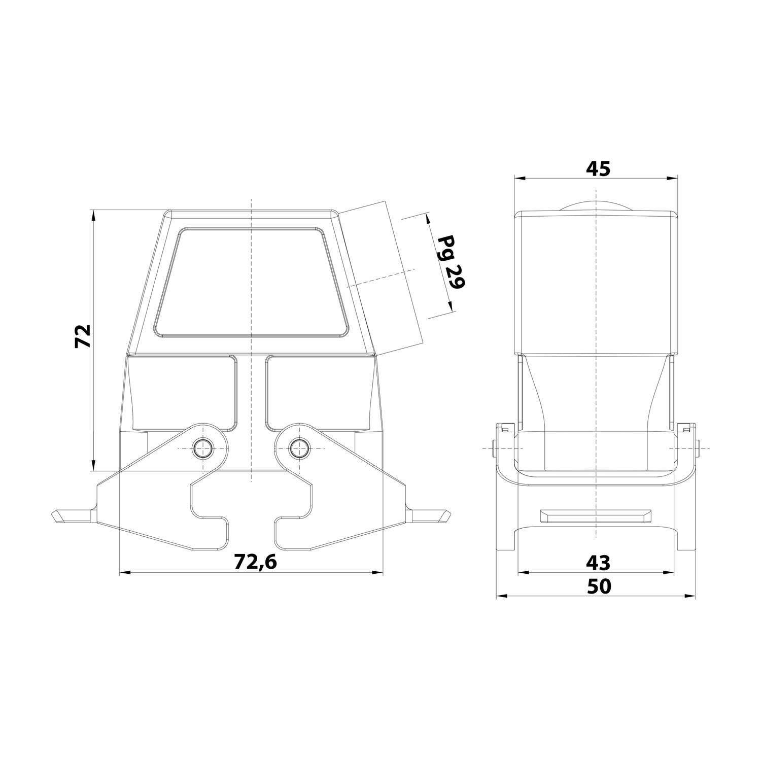 04300100533 HARTING Han 10B Tüllengehäuse hoch, 1xPG29 seitlicher Kabelabgang, mit 2 Querbügeln Verschraubung PG29